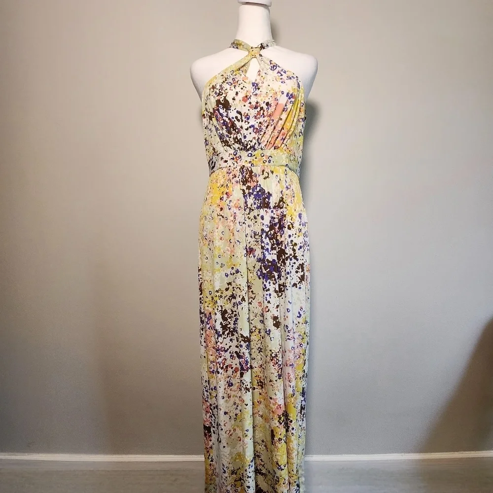 GUESS Multicolor Yellow Summer Halter Keyhole Neck Maxi Dress 6 - Picture 1 of 12